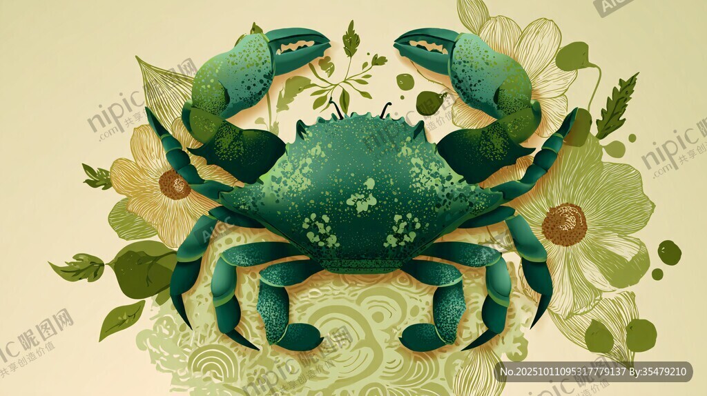 水墨风螃蟹与花卉插画