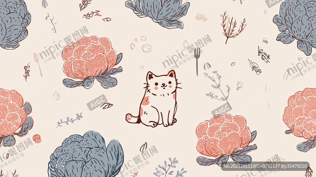 猫咪与花卉的温馨图案