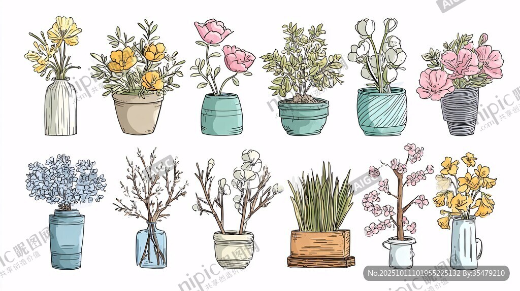 手绘多彩花瓶花卉插画