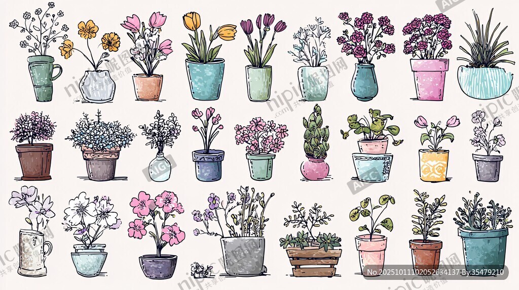 手绘盆栽花卉插画集合