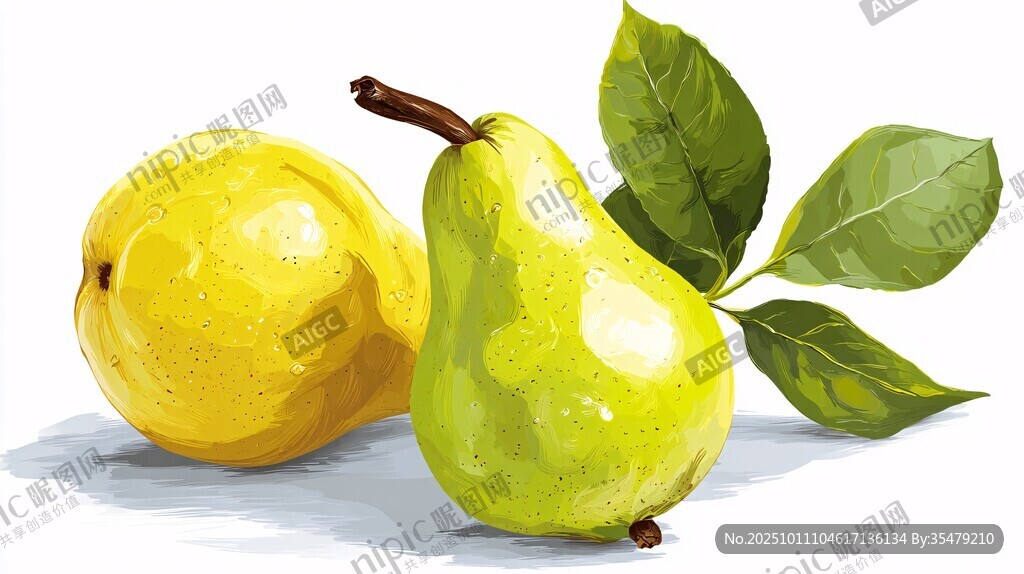 两个鲜梨带绿叶插画