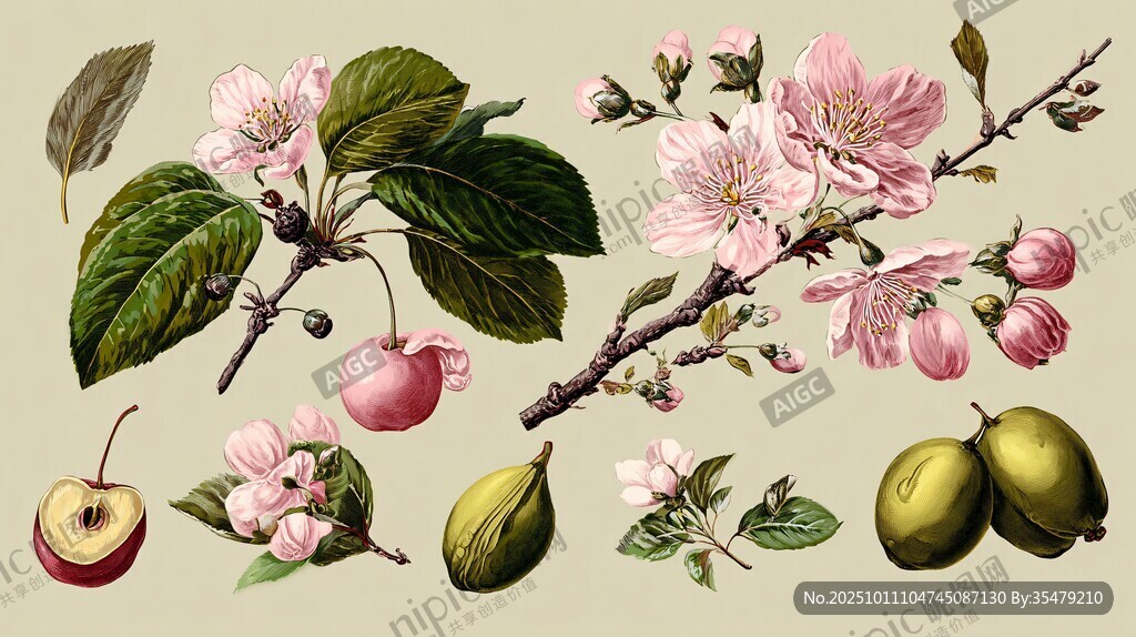 樱桃花果枝叶插画