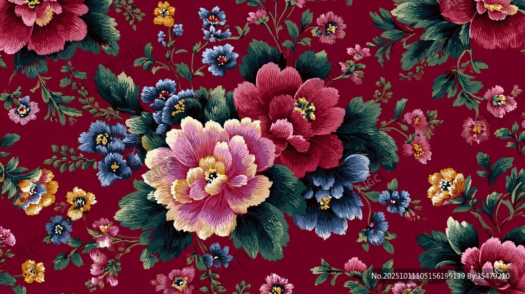 深红底繁花锦簇花卉图案