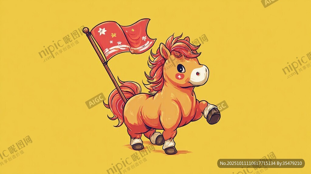 卡通小马举旗萌趣形象