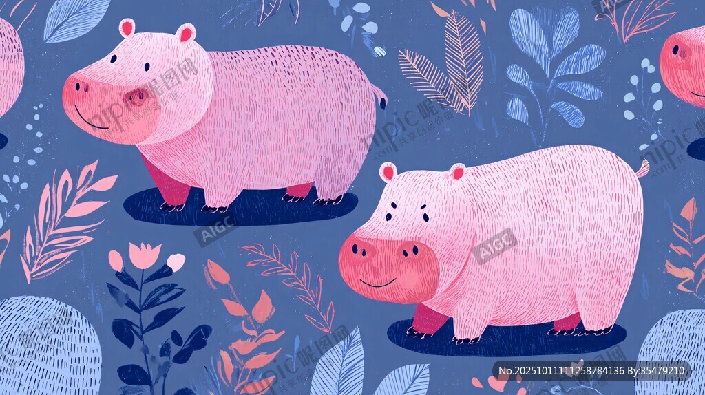 可爱河马与植物插画图案