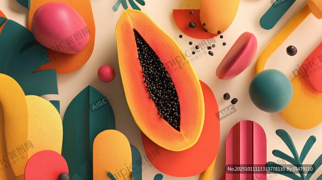 缤纷水果插画中的木瓜魅力
