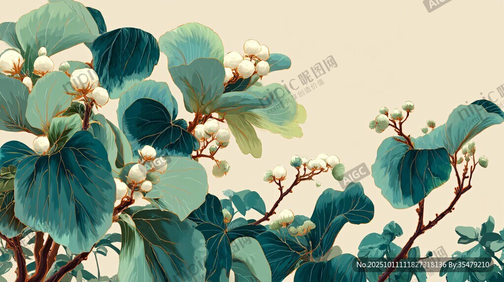 绿叶白花植物精美插画