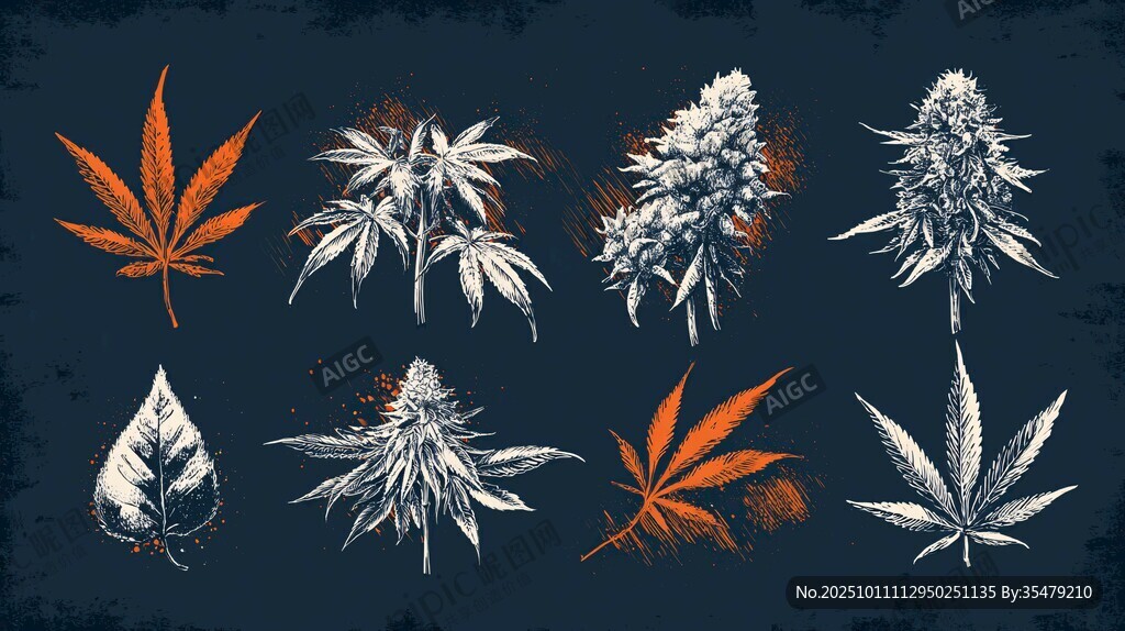 手绘大麻植物图案集合