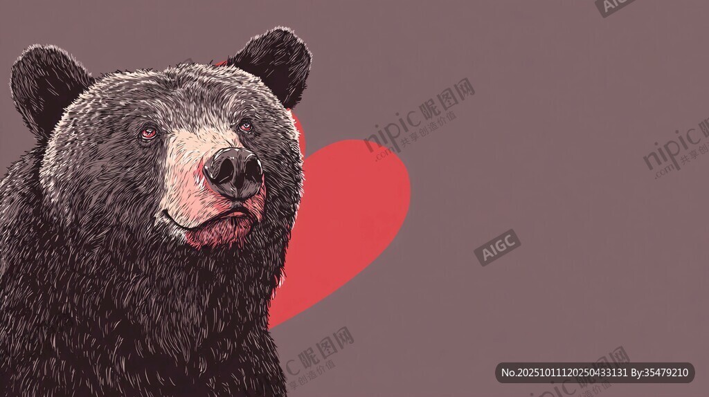 可爱黑熊与爱心背景插画