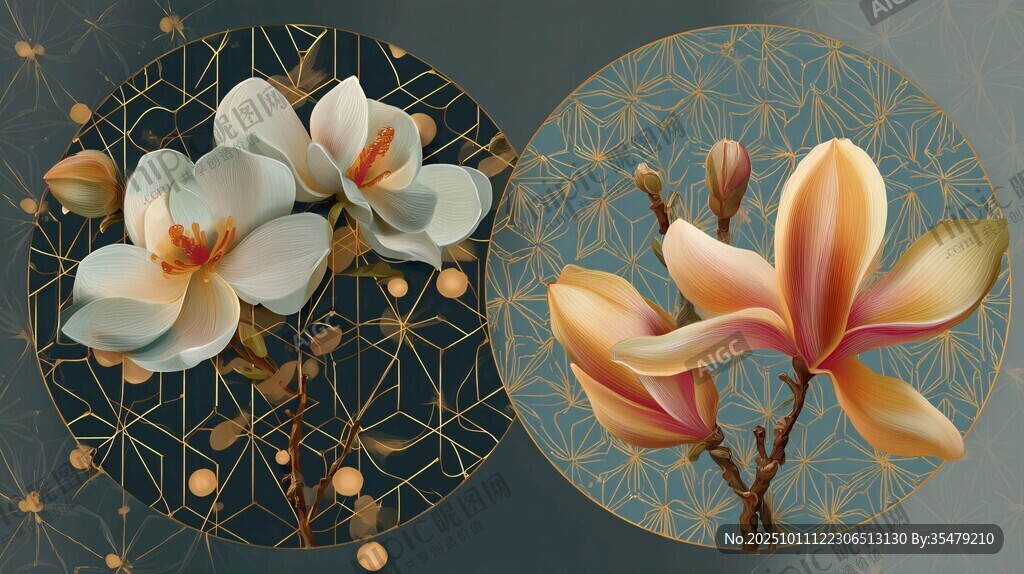 中式玉兰花卉图案装饰画