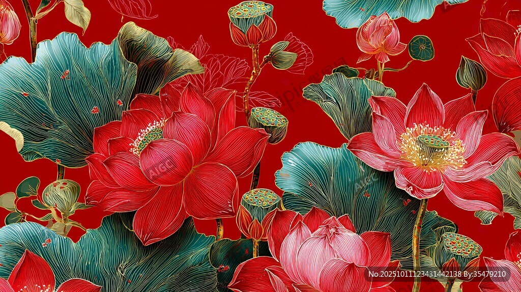 中式红底荷花精美图案
