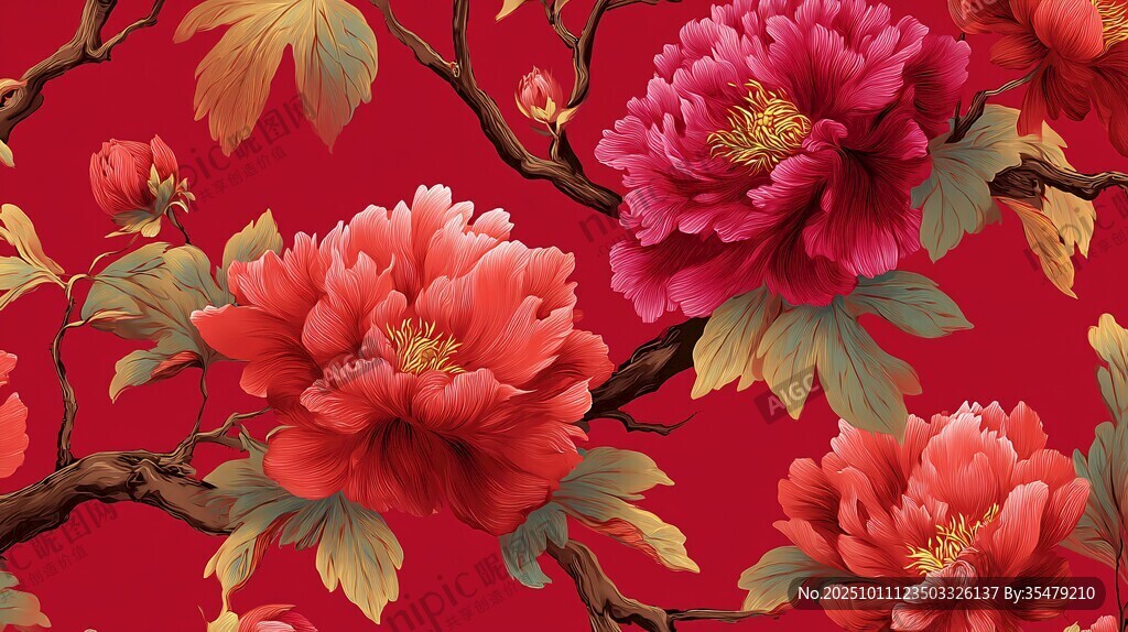 红色背景上的绚丽牡丹花卉