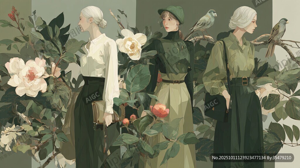 三位优雅女士与花卉鸟类