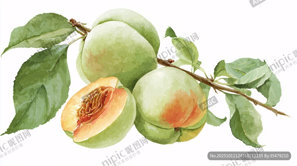 鲜嫩青桃带枝水彩画