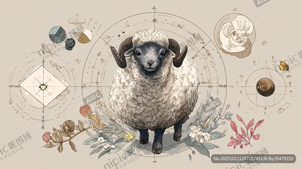 手绘白羊座插画与自然元素