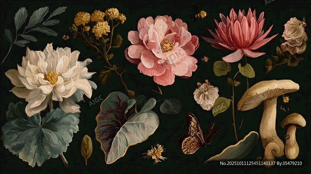 复古花卉蘑菇蝴蝶静物图
