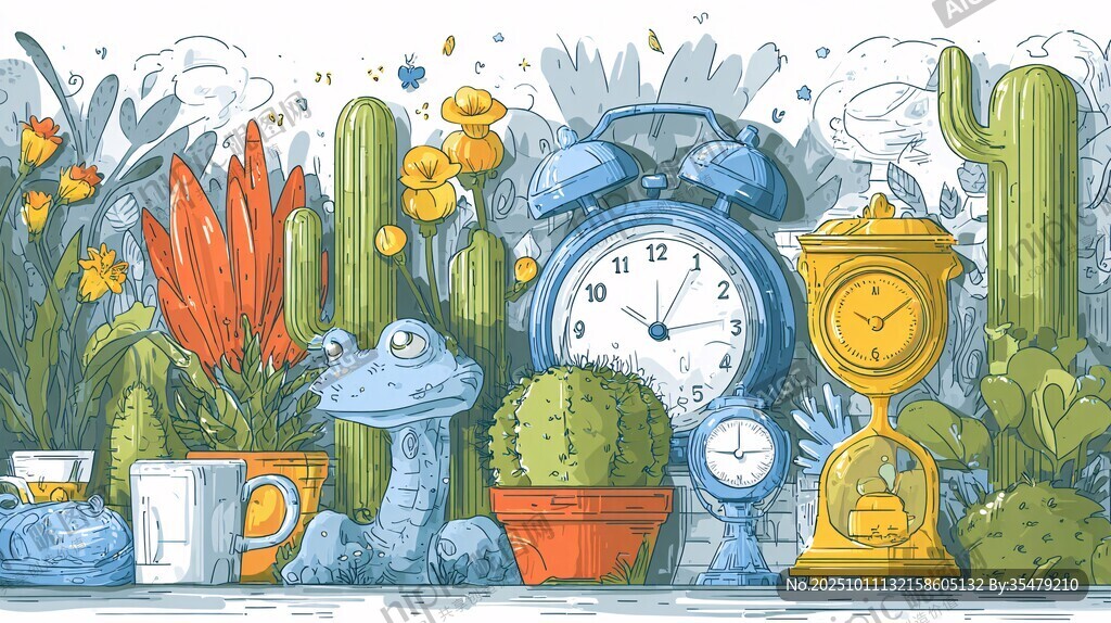 绿植与时钟的清新插画世界