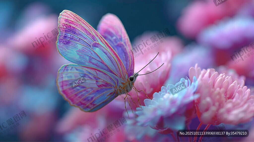 梦幻蝴蝶停栖绚烂花朵间