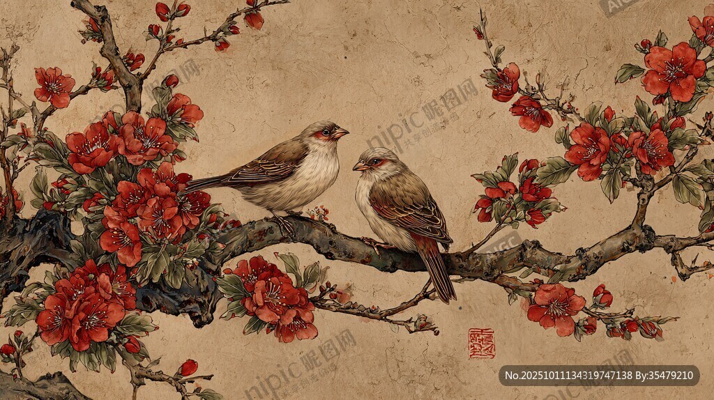 双鸟栖花图