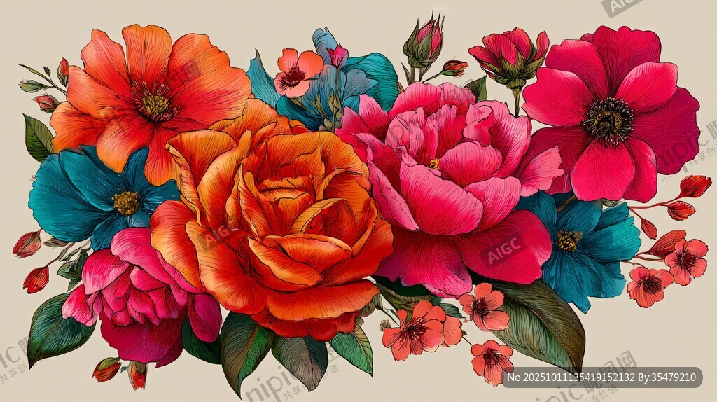 缤纷多彩花卉组合插画