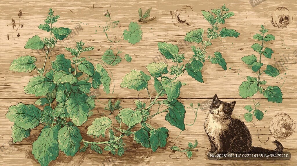 木墙上的猫咪与绿植