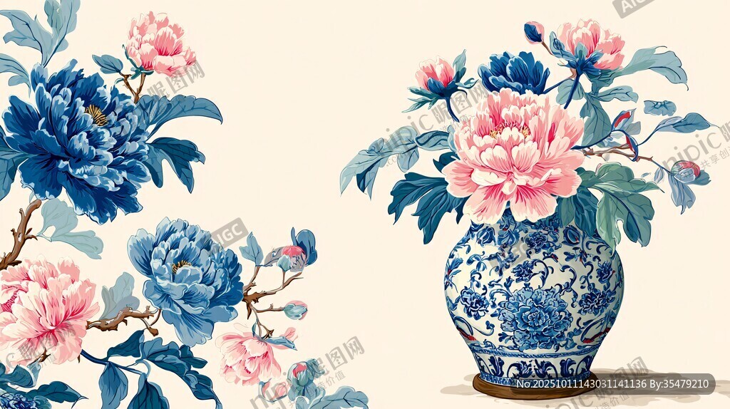 青花瓷瓶中的牡丹花卉