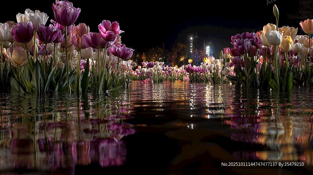 夜下郁金香花海的梦幻倒影