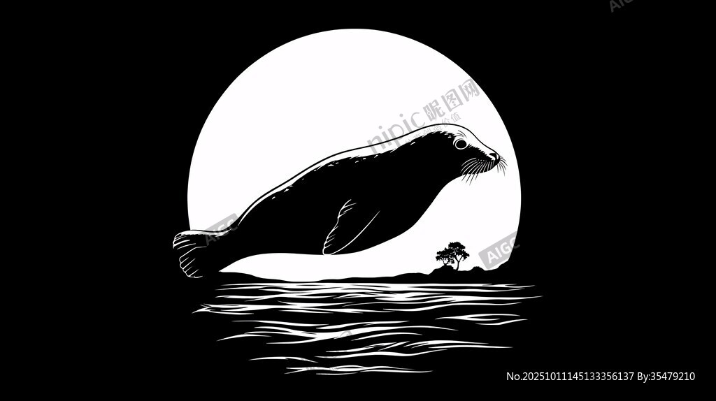 月夜下跃出水面的海豹