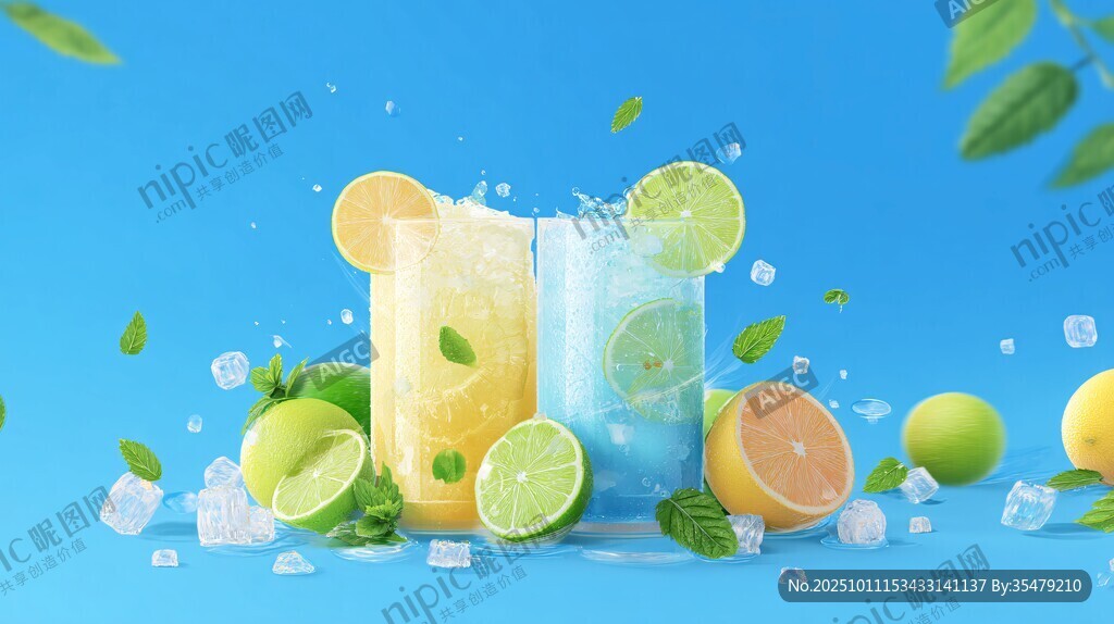 清新双杯果汁与水果冰块