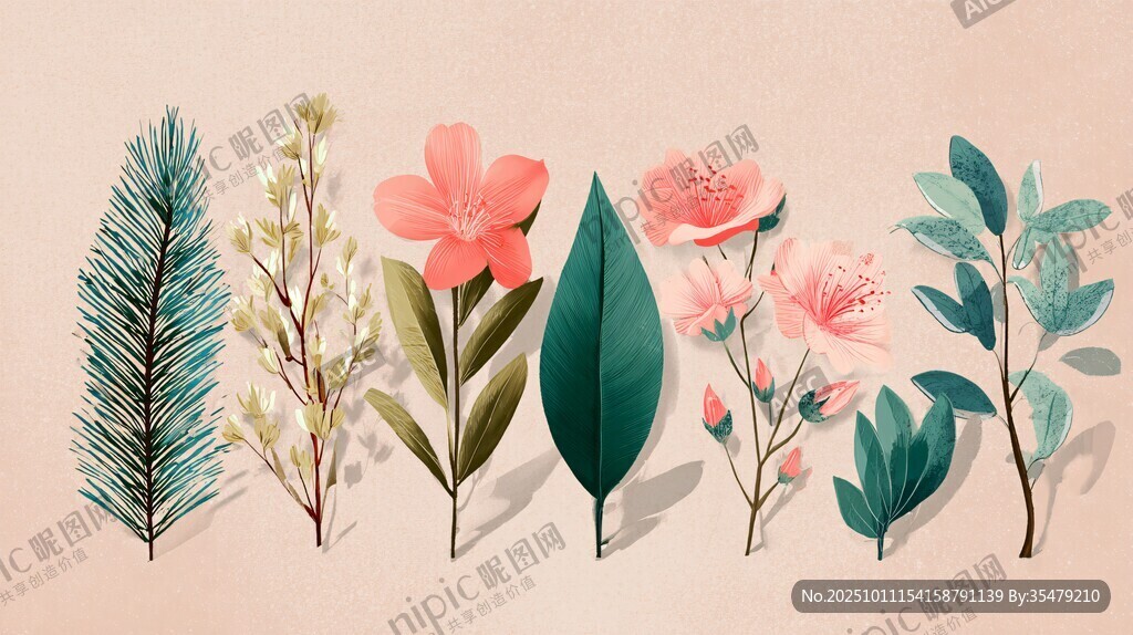 手绘清新花卉绿植组合