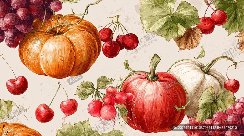 秋日蔬果水彩插画图案