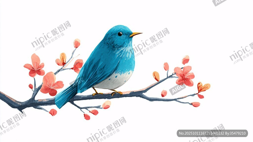 蓝鸟栖于繁花枝头
