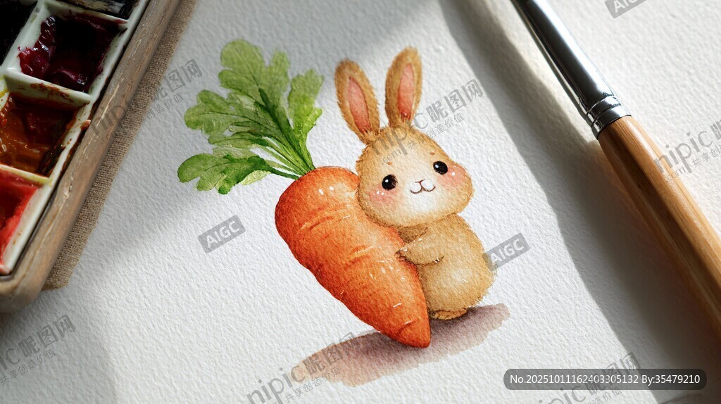 可爱小兔抱萝卜水彩画