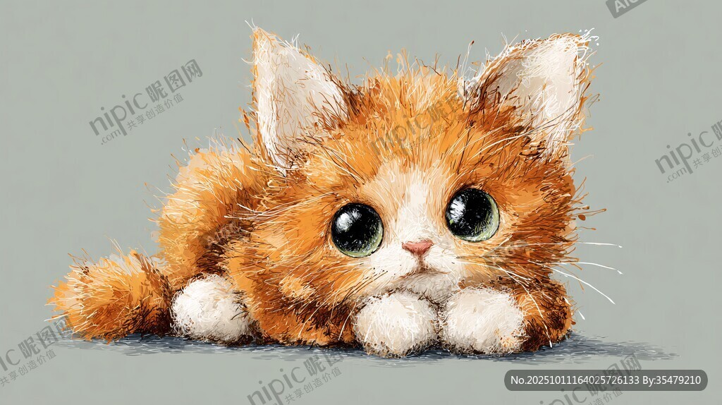 可爱橘白小猫乖巧趴卧