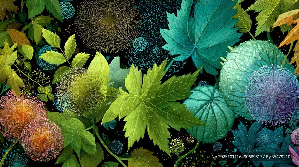 梦幻多彩植物叶片插画