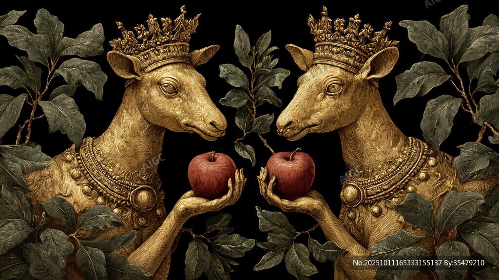 金鹿持苹果的奇幻画面