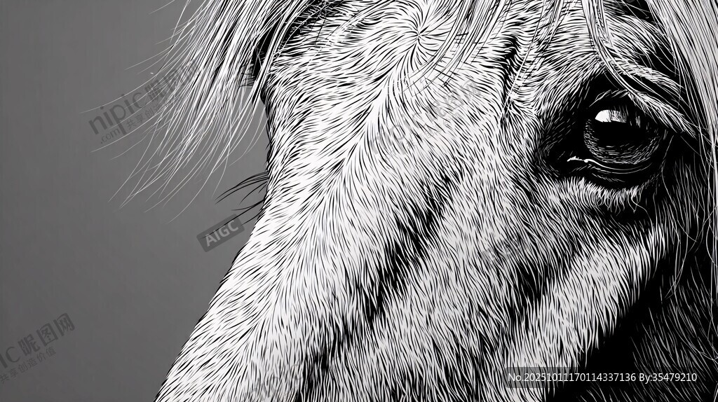 马的眼部特写黑白艺术画