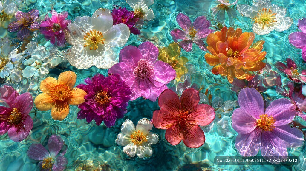 水中缤纷花卉绽放美景
