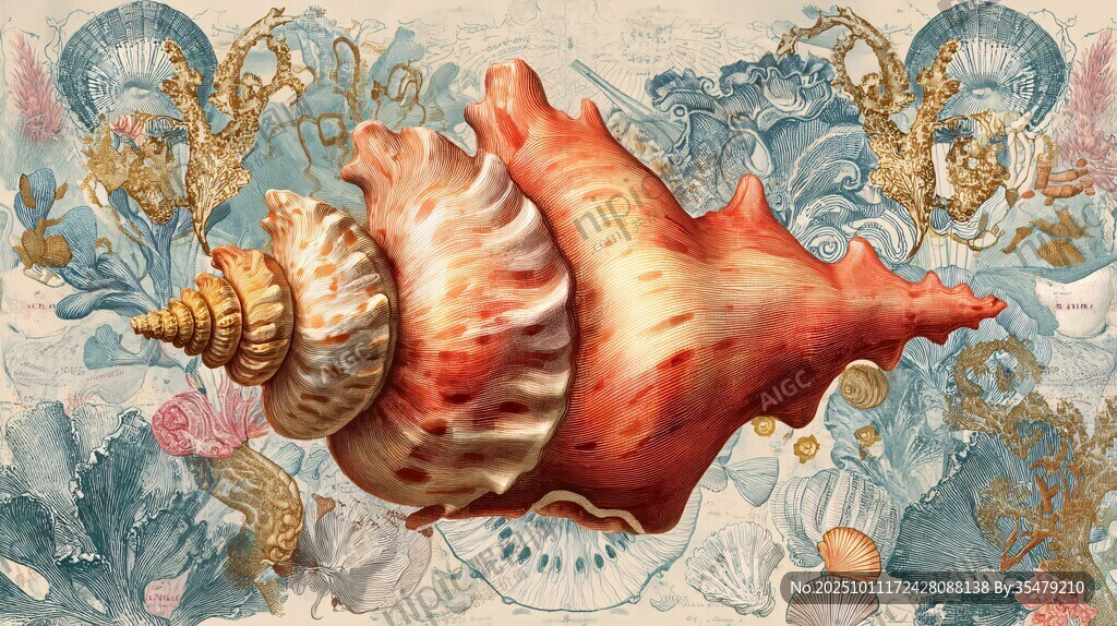 复古风海螺及海洋元素插画