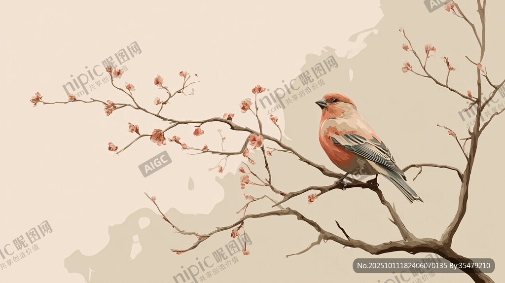 枝头小鸟赏春花