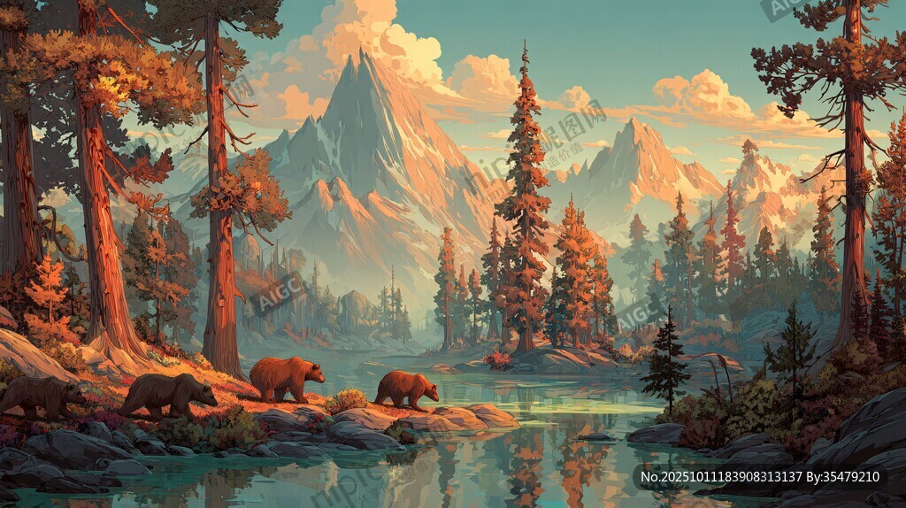 山林间漫步的棕熊与美景