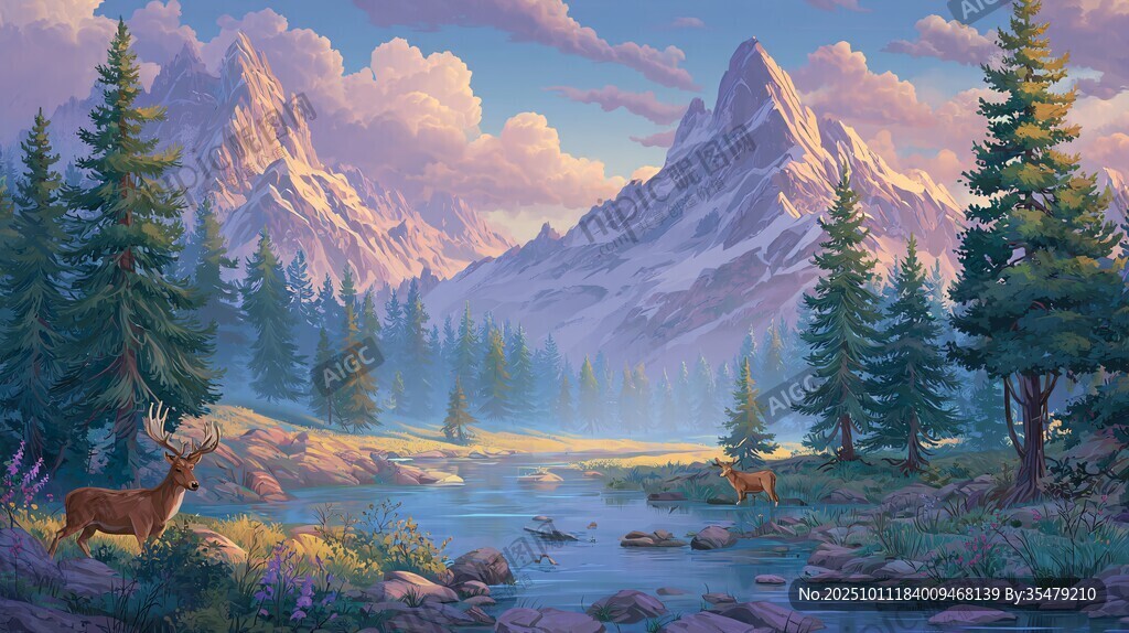 梦幻山林间 鹿伴溪流景