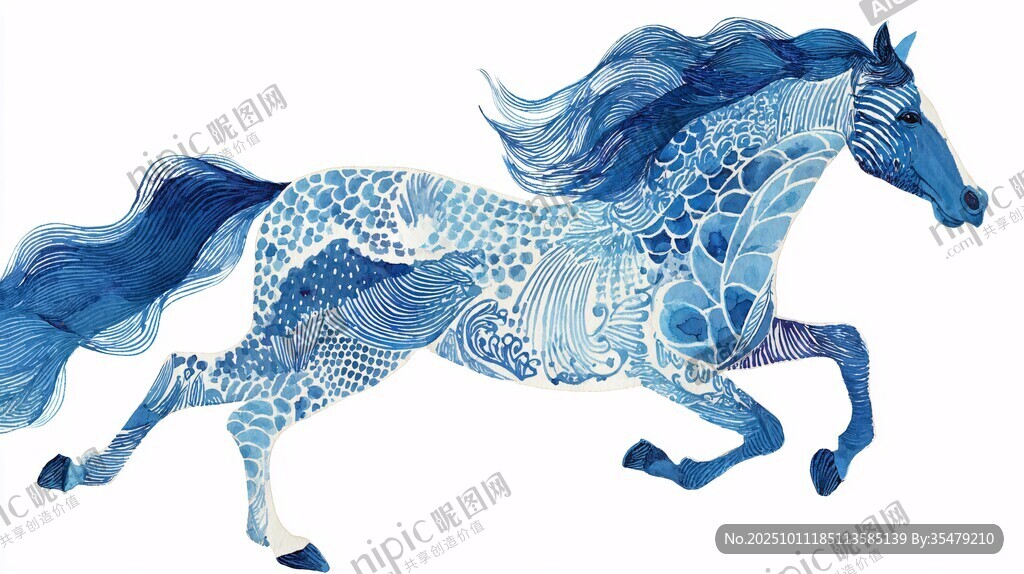 蓝纹奔马插画