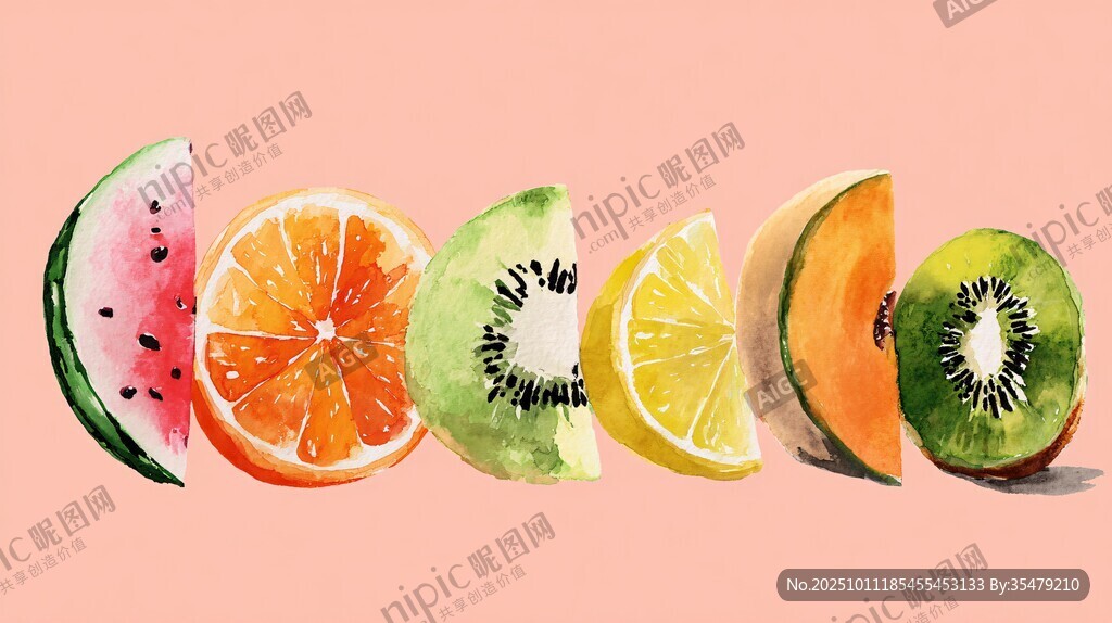 缤纷水果切片水彩插画