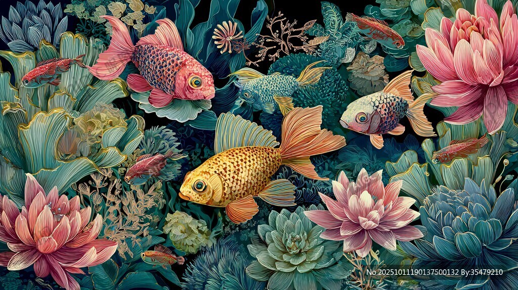 梦幻金鱼游弋于花卉间