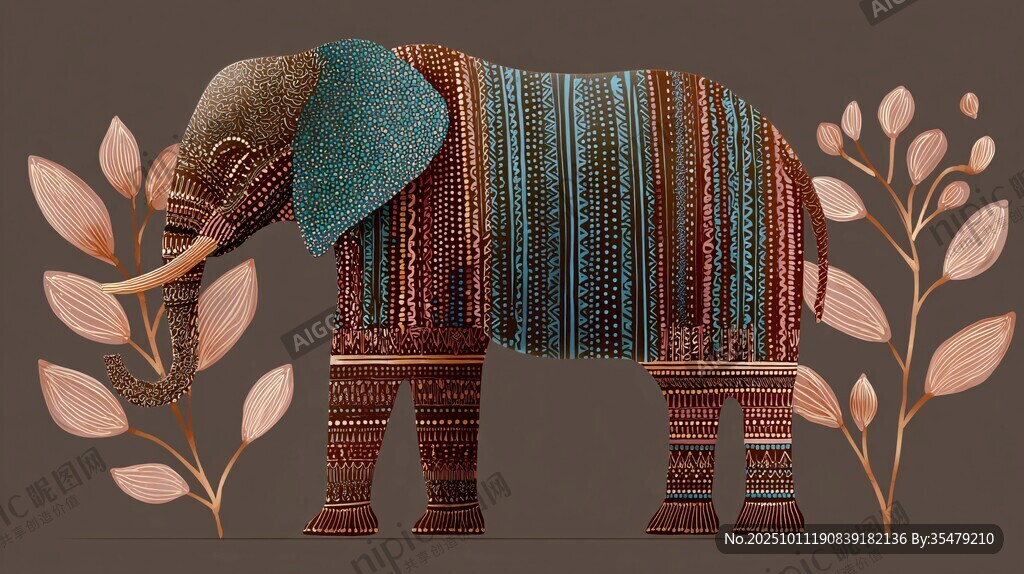 编织风大象与植物装饰画