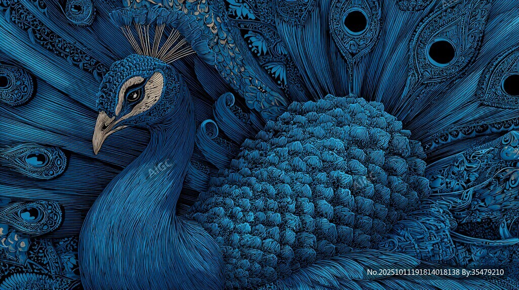 蓝色梦幻孔雀艺术插画