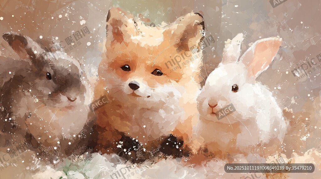 狐狸与双兔的温馨画面