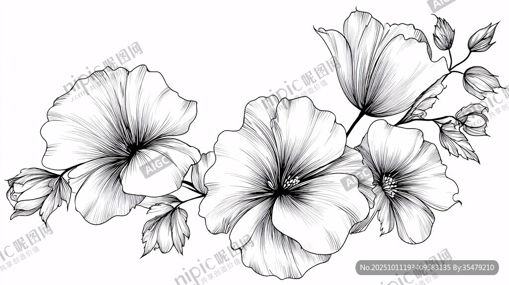 黑白花卉线稿插画