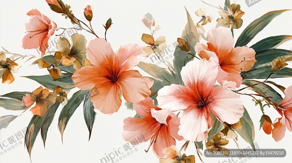 粉橙花卉插画 清新自然风